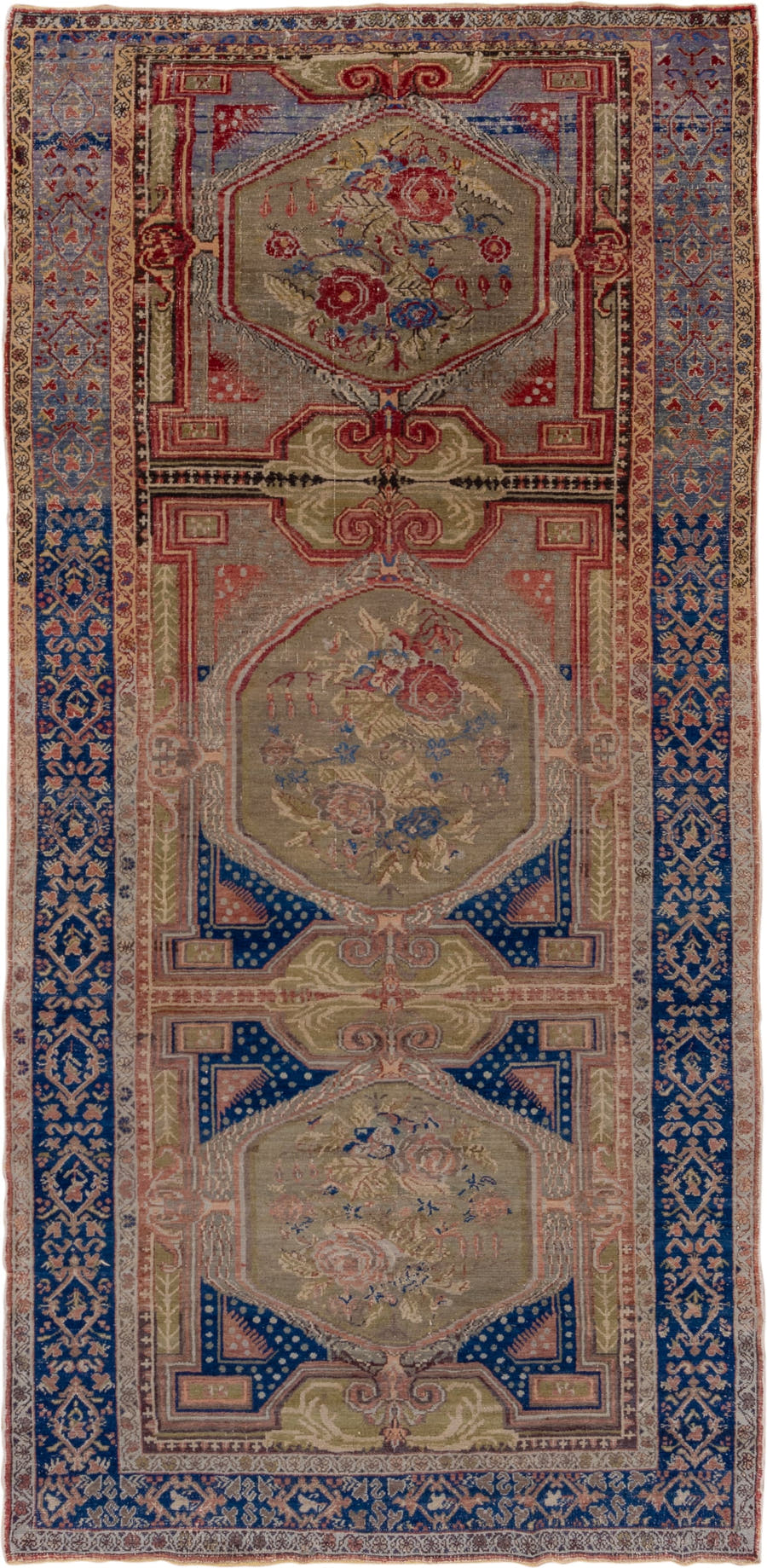5' x 11' one-of-a-kind handmade vintage Oushak rug. Color palette: taupe, navy, rose, olive, ivory, dusty blue, coral, beige