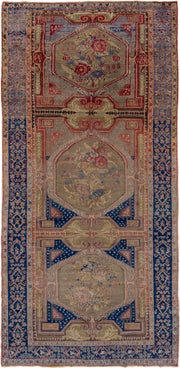 5' x 11' one-of-a-kind handmade vintage Oushak rug. Color palette: taupe, navy, rose, olive, ivory, dusty blue, coral, beige