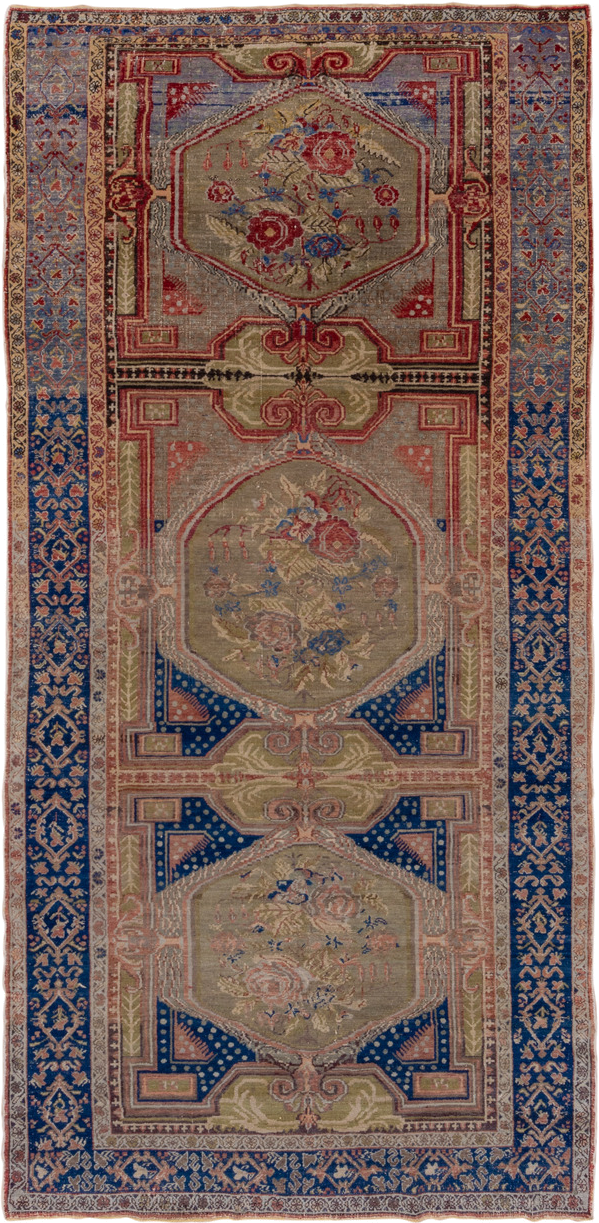 5' x 11' one-of-a-kind handmade vintage Oushak rug. Color palette: taupe, navy, rose, olive, ivory, dusty blue, coral, beige