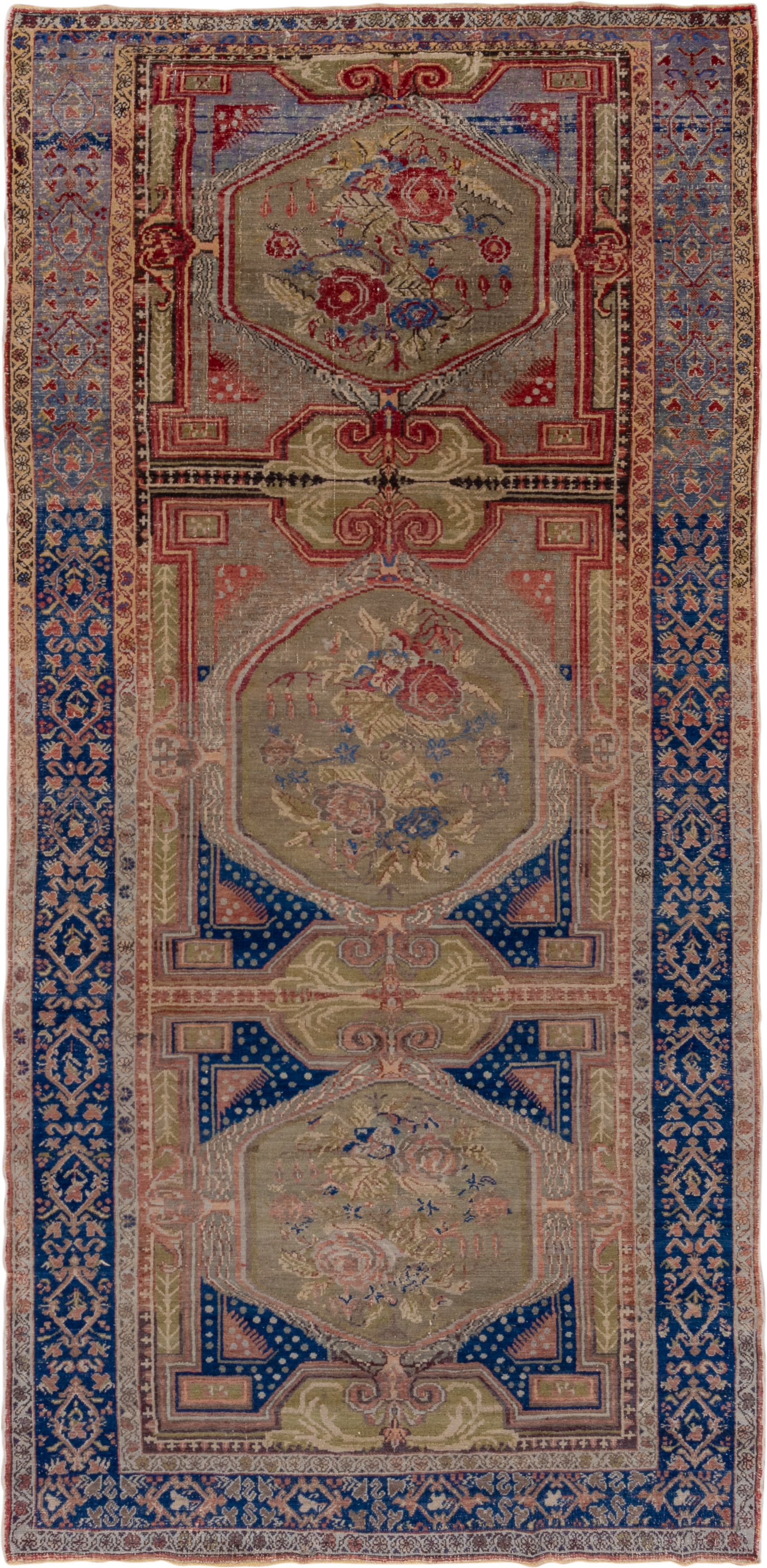 5' x 11' one-of-a-kind handmade vintage Oushak rug. Color palette: taupe, navy, rose, olive, ivory, dusty blue, coral, beige