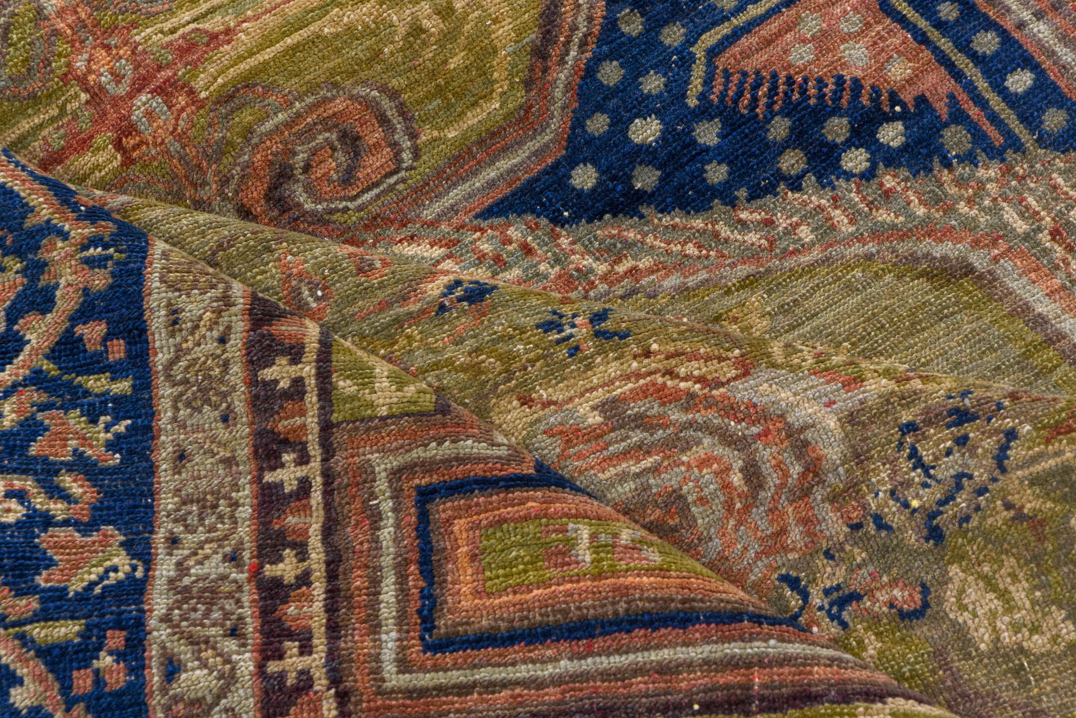 5' x 11' one-of-a-kind handmade vintage Oushak rug. Color palette: taupe, navy, rose, olive, ivory, dusty blue, coral, beige