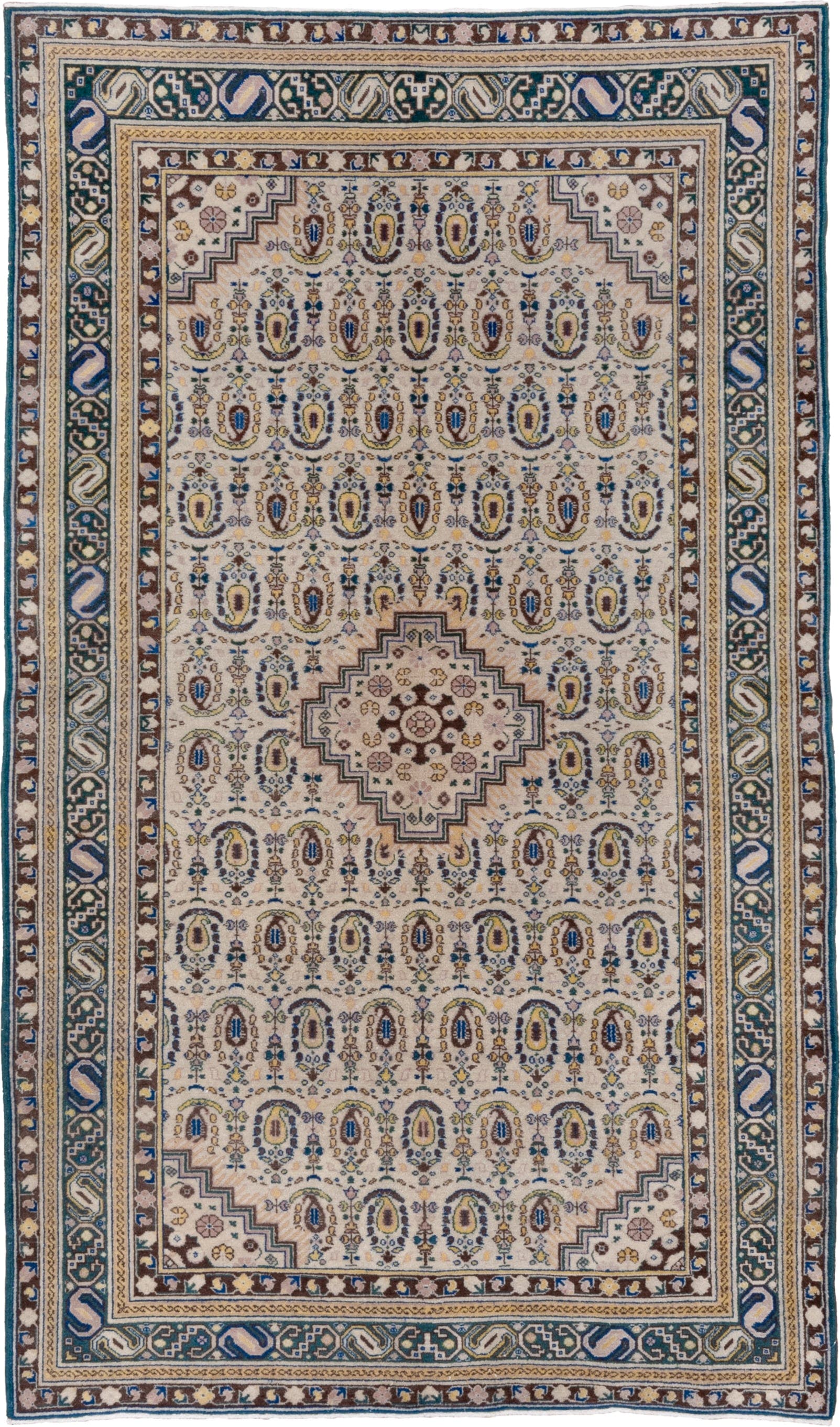 5' x 8' one-of-a-kind handmade vintage Sivas medium size rug. Color palette: ivory, blue, brown, taupe, gold, camel, beige