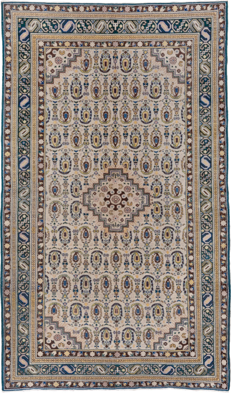 5' x 8' one-of-a-kind handmade vintage Sivas medium size rug. Color palette: ivory, blue, brown, taupe, gold, camel, beige