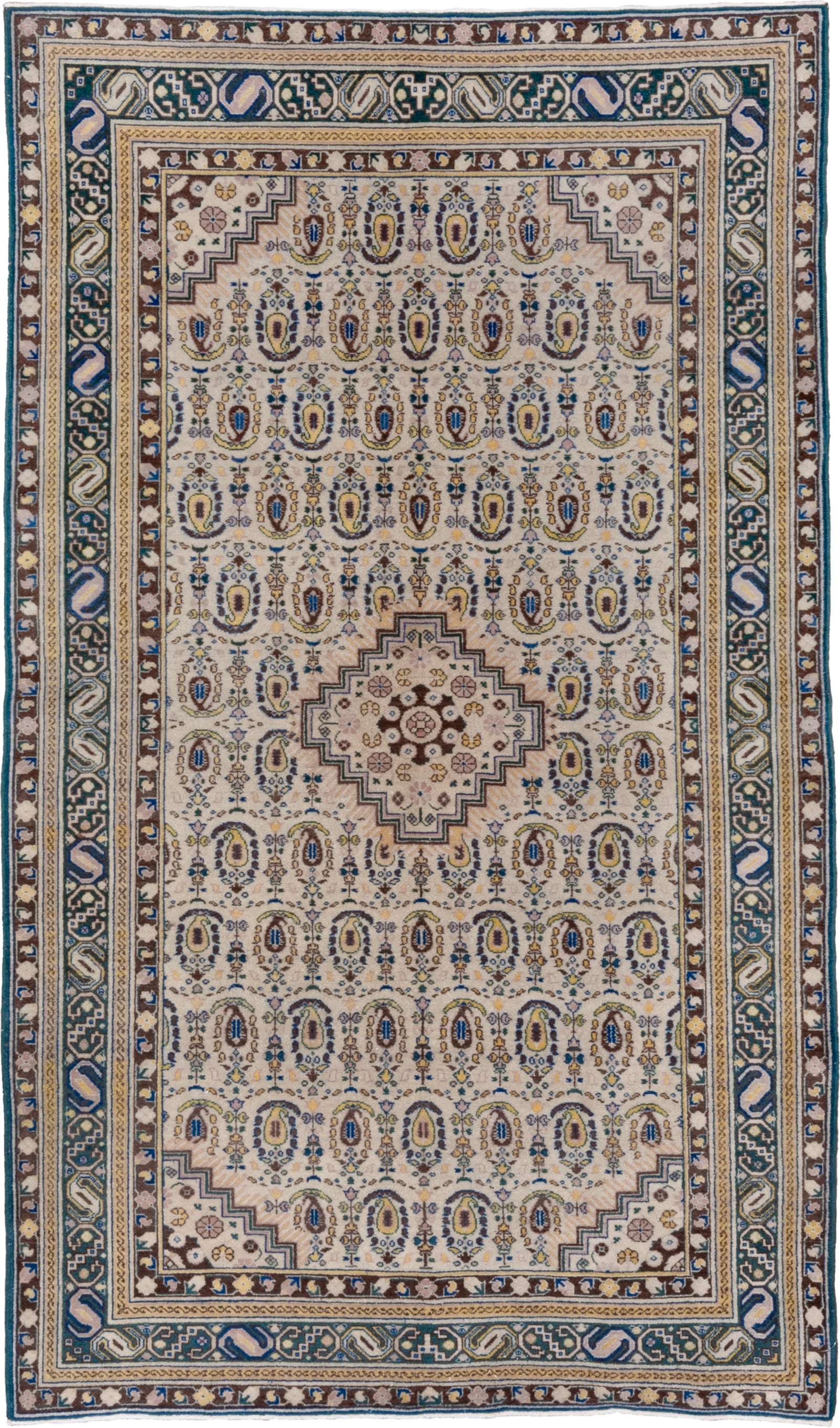 5' x 8' one-of-a-kind handmade vintage Sivas medium size rug. Color palette: ivory, blue, brown, taupe, gold, camel, beige