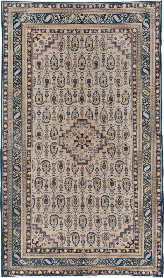 5' x 8' one-of-a-kind handmade vintage Sivas medium size rug. Color palette: ivory, blue, brown, taupe, gold, camel, beige