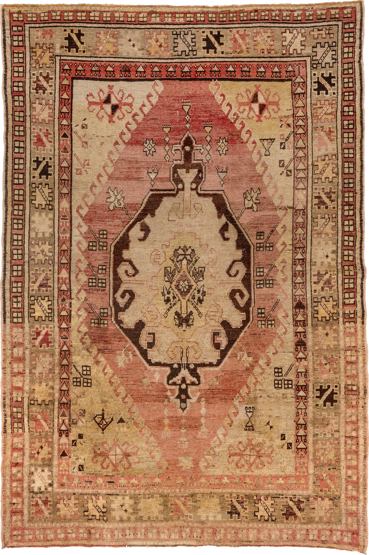 5' x 8' one-of-a-kind handmade antique Oushak medium size rug. Color palette: ivory, rose, taupe, brown, rust, camel