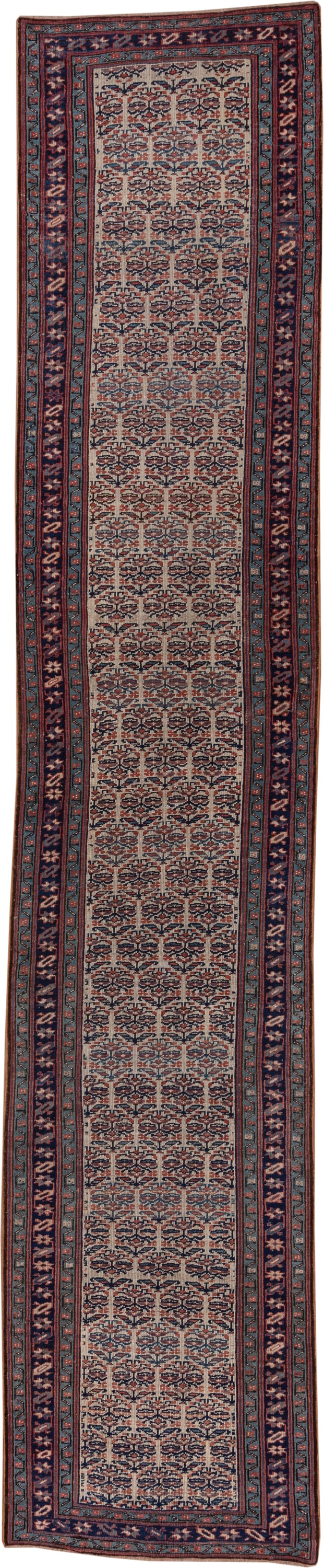 3' x 16' one-of-a-kind handmade vintage NW Persian runner rug. Color palette: ivory, navy, rust, slate, rose, camel, blue