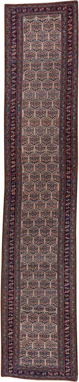 3' x 16' one-of-a-kind handmade vintage NW Persian runner rug. Color palette: ivory, navy, rust, slate, rose, camel, blue