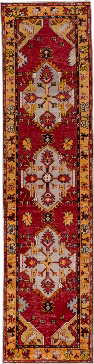 2' x 9' one-of-a-kind handmade vintage Oushak runner rug. Color palette: red, gold, ivory, rust, saffron, charcoal, rose