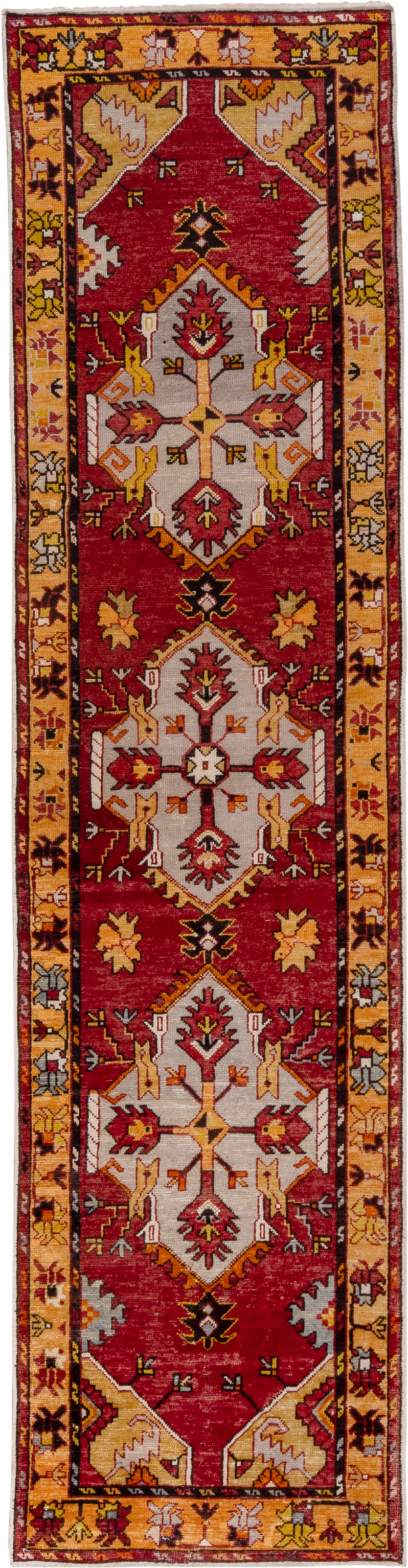 2' x 9' one-of-a-kind handmade vintage Oushak runner rug. Color palette: red, gold, ivory, rust, saffron, charcoal, rose