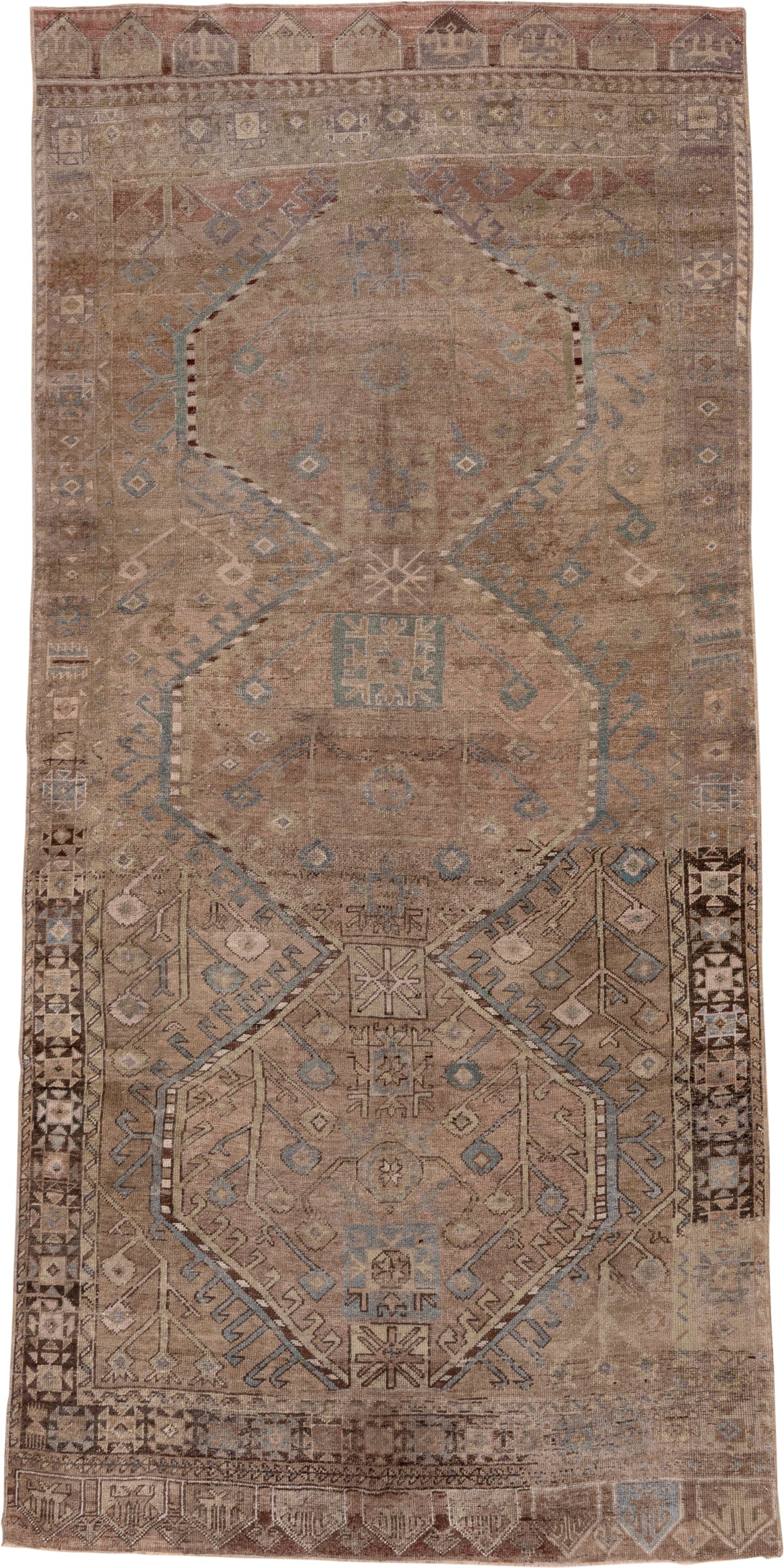 5' x 11' one-of-a-kind handmade vintage Oushak rug. Color palette: taupe, beige, brown, dusty rose, pale blue, ivory