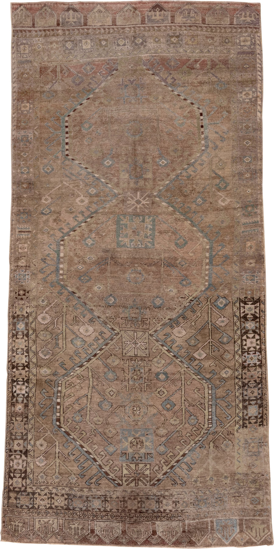 5' x 11' one-of-a-kind handmade vintage Oushak rug. Color palette: taupe, beige, brown, dusty rose, pale blue, ivory
