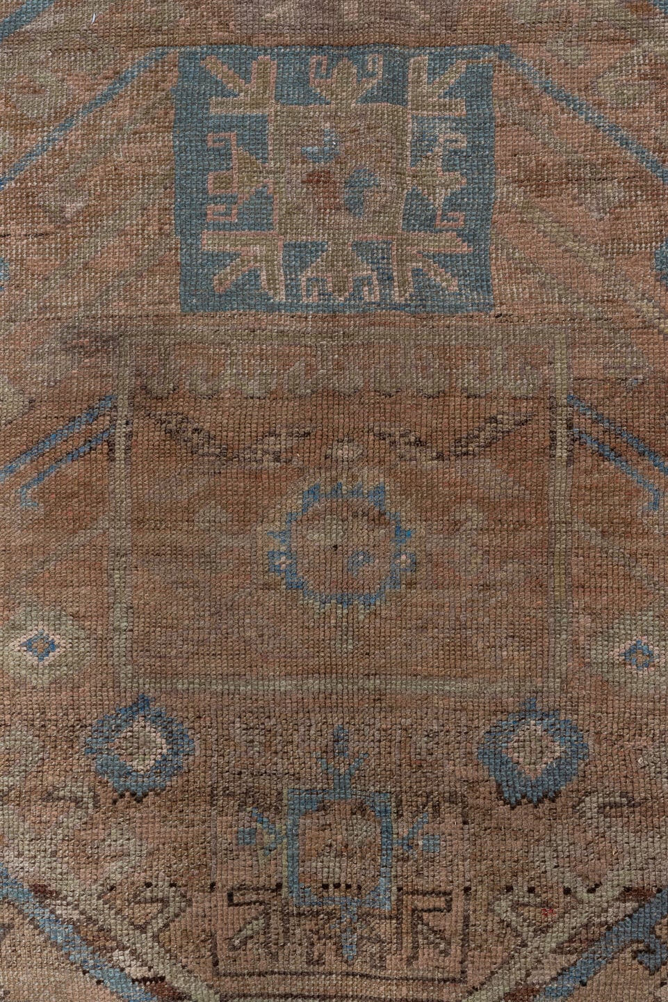 5' x 11' one-of-a-kind handmade vintage Oushak rug. Color palette: taupe, beige, brown, dusty rose, pale blue, ivory