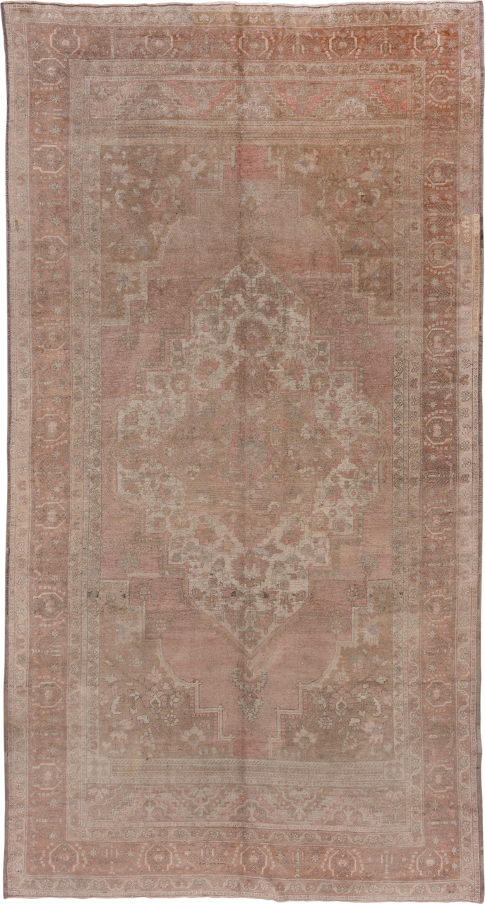 6' x 12' one-of-a-kind handmade vintage Oushak large size rug. Color palette: blush, taupe, ivory, dusty rose, beige, camel