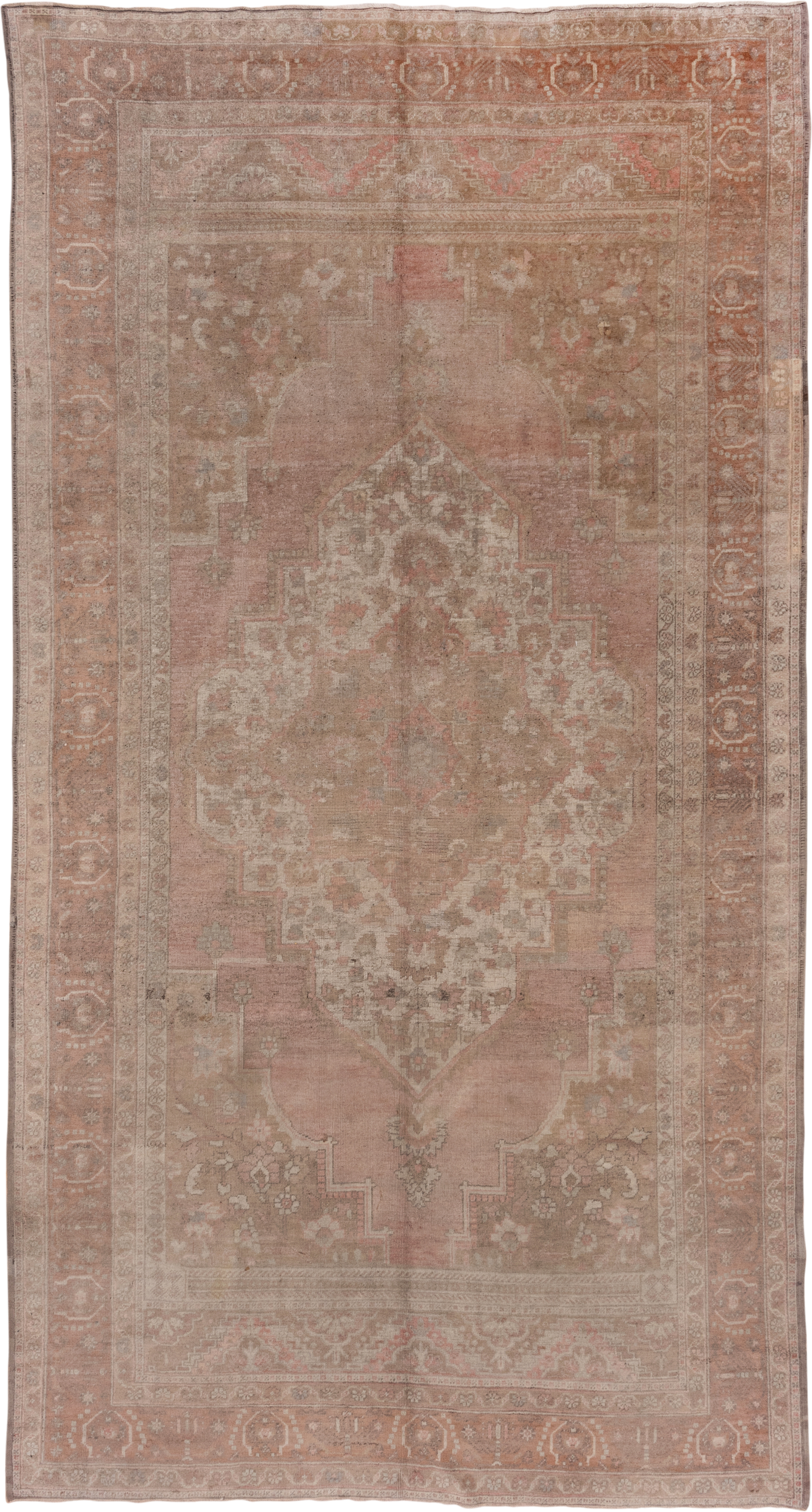 6' x 12' one-of-a-kind handmade vintage Oushak large size rug. Color palette: blush, taupe, ivory, dusty rose, beige, camel