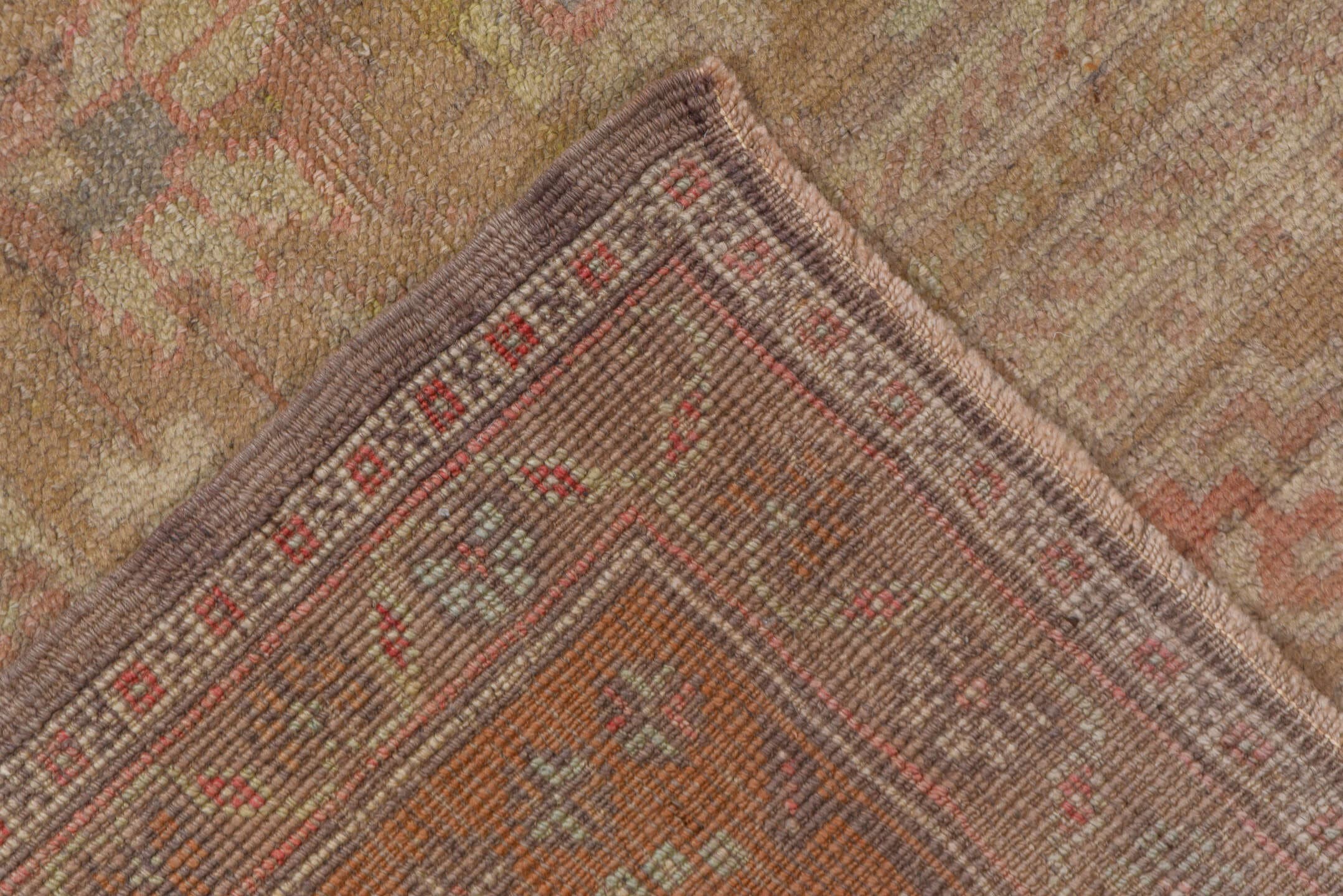 6' x 12' one-of-a-kind handmade vintage Oushak large size rug. Color palette: blush, taupe, ivory, dusty rose, beige, camel