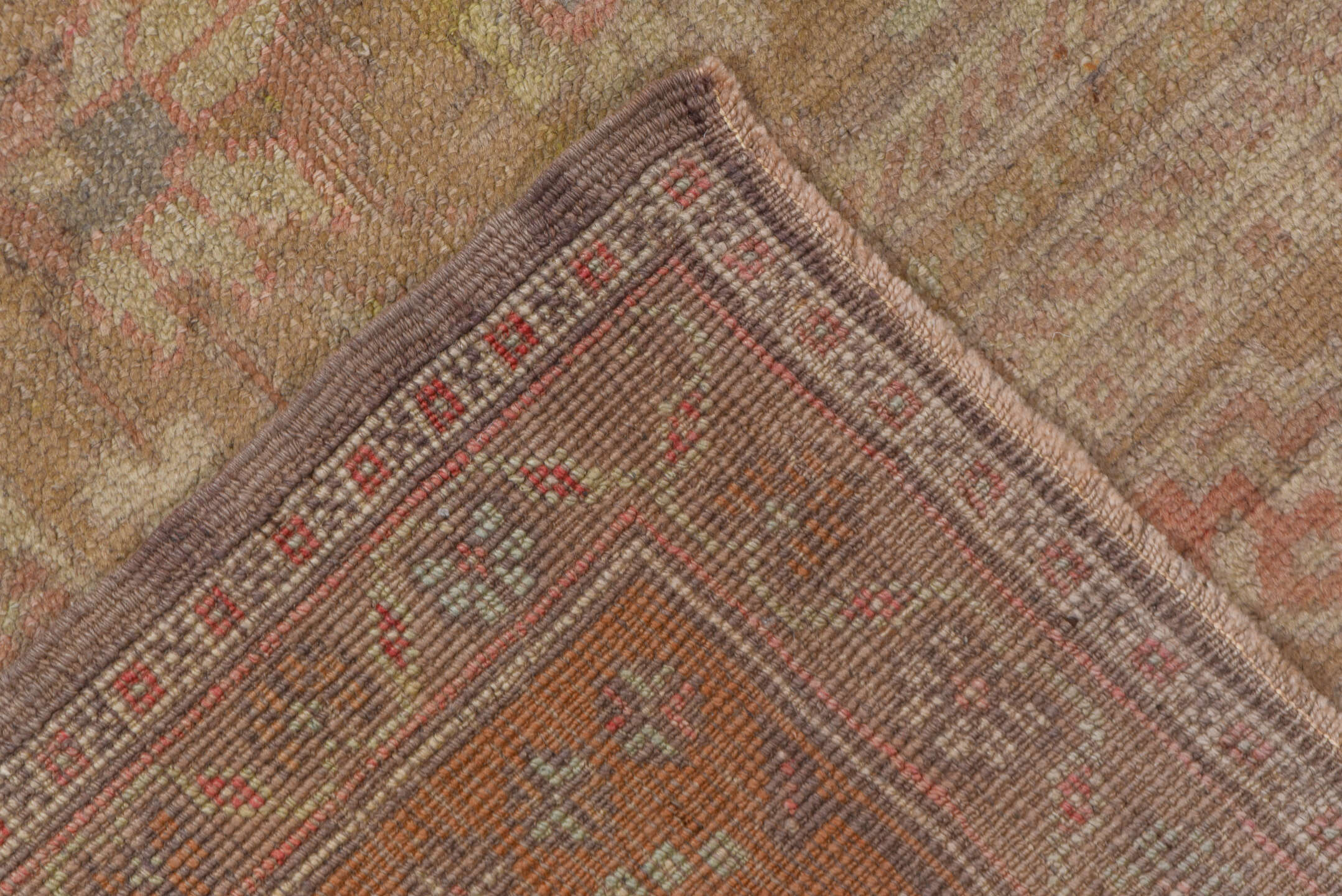 6' x 12' one-of-a-kind handmade vintage Oushak large size rug. Color palette: brown, gray, light gray, off-white, pink, snow