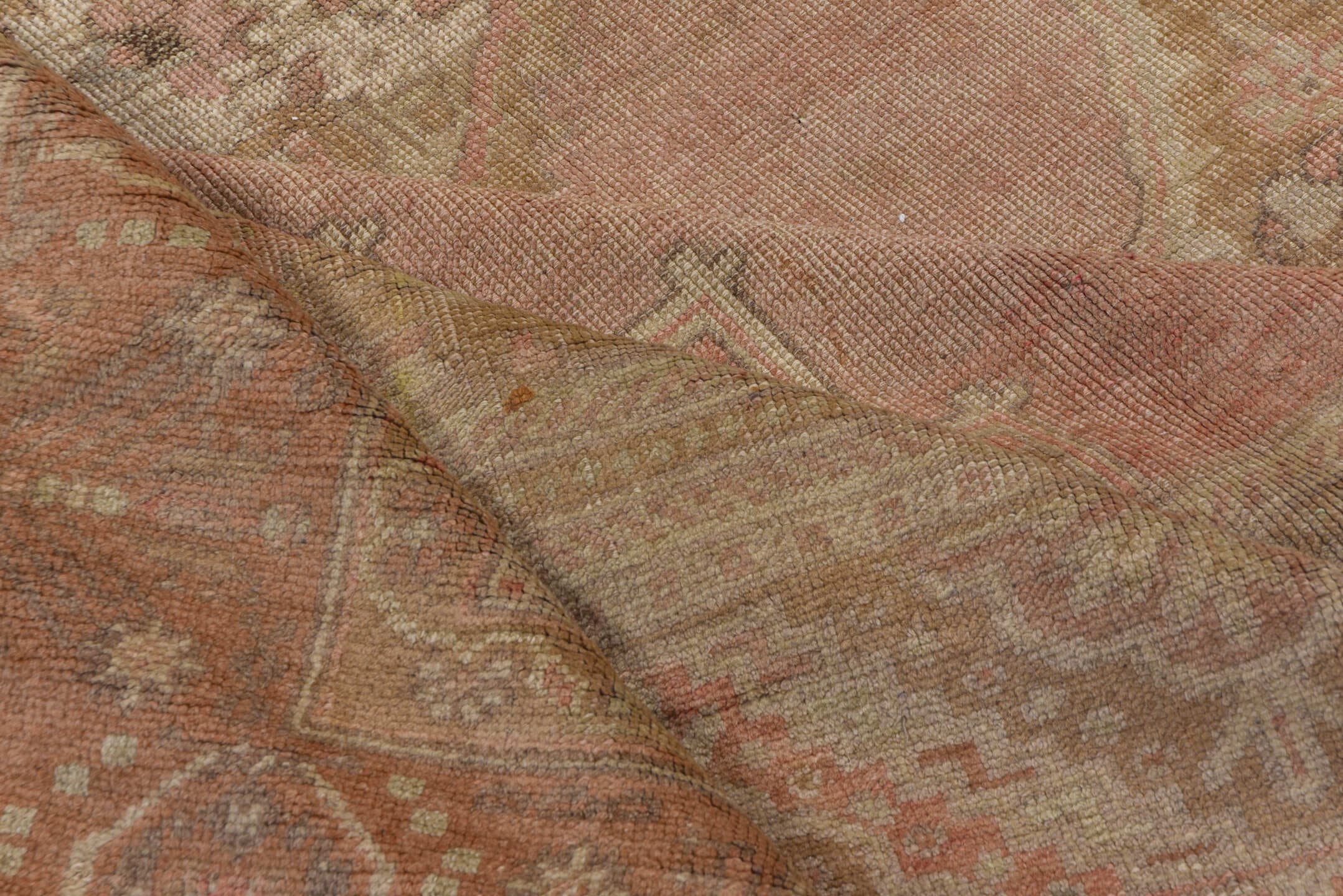 6' x 12' one-of-a-kind handmade vintage Oushak large size rug. Color palette: blush, taupe, ivory, dusty rose, beige, camel