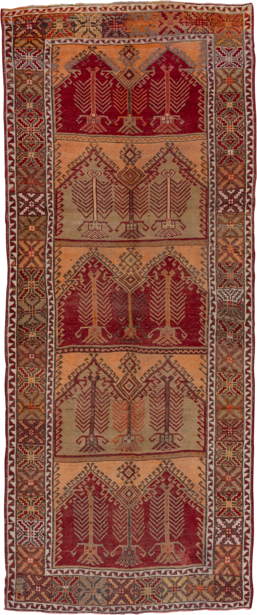 5' x 13' one-of-a-kind handmade vintage Oushak rug. Color palette: peach, rust, burgundy, ivory, taupe, terra cotta, olive