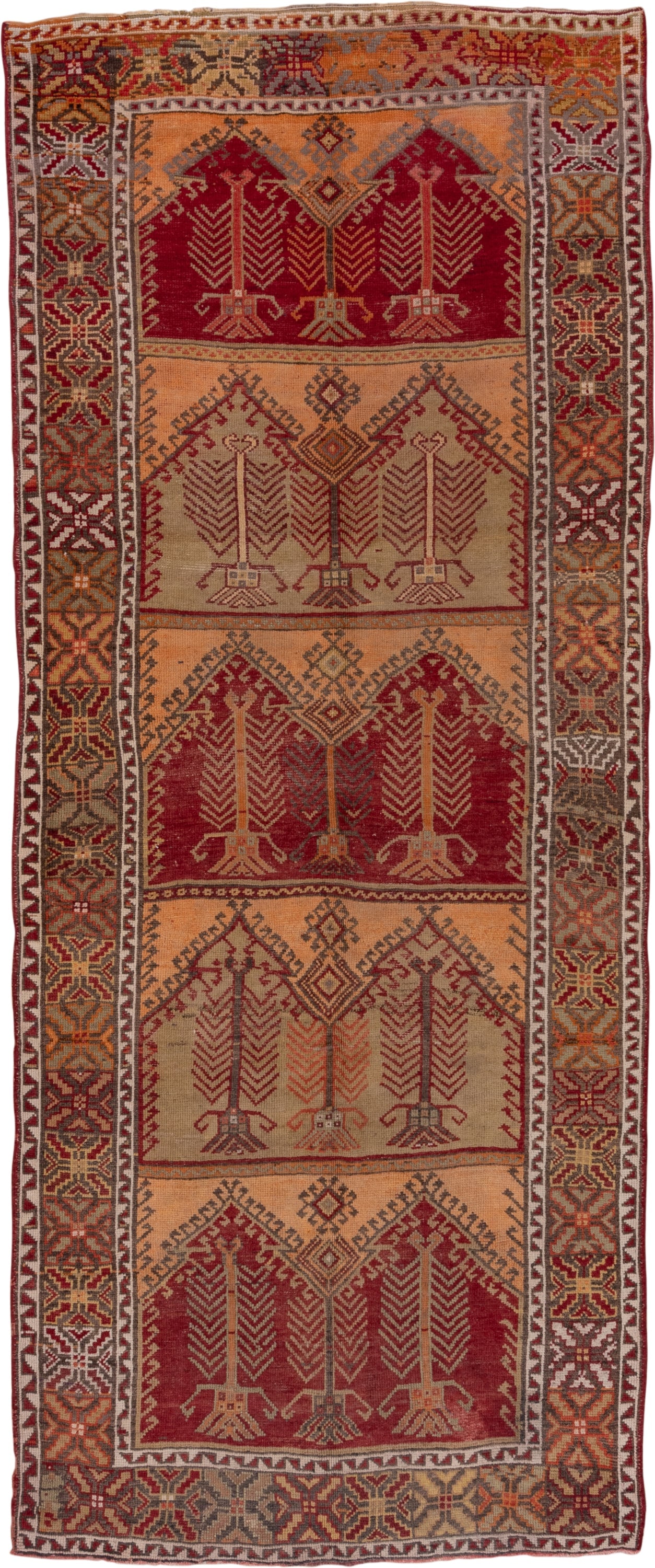 5' x 13' one-of-a-kind handmade vintage Oushak rug. Color palette: peach, rust, burgundy, ivory, taupe, terra cotta, olive