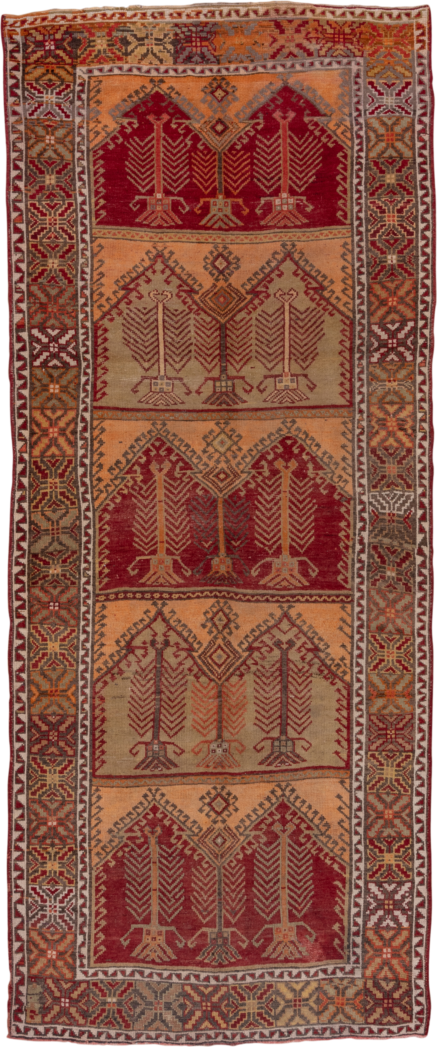 5' x 13' one-of-a-kind handmade vintage Oushak rug. Color palette: peach, rust, burgundy, ivory, taupe, terra cotta, olive