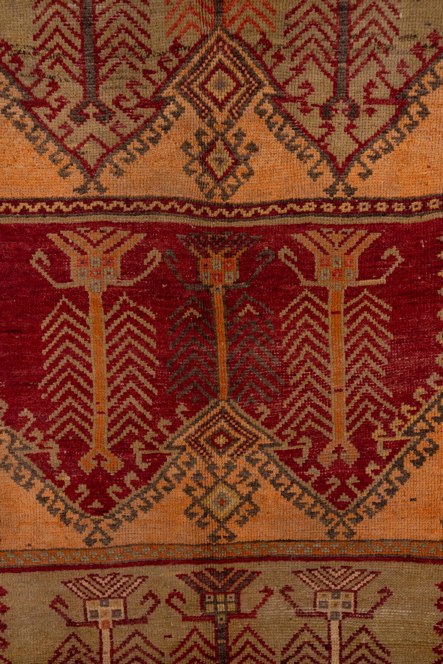 5' x 13' one-of-a-kind handmade vintage Oushak rug. Color palette: peach, rust, burgundy, ivory, taupe, terra cotta, olive