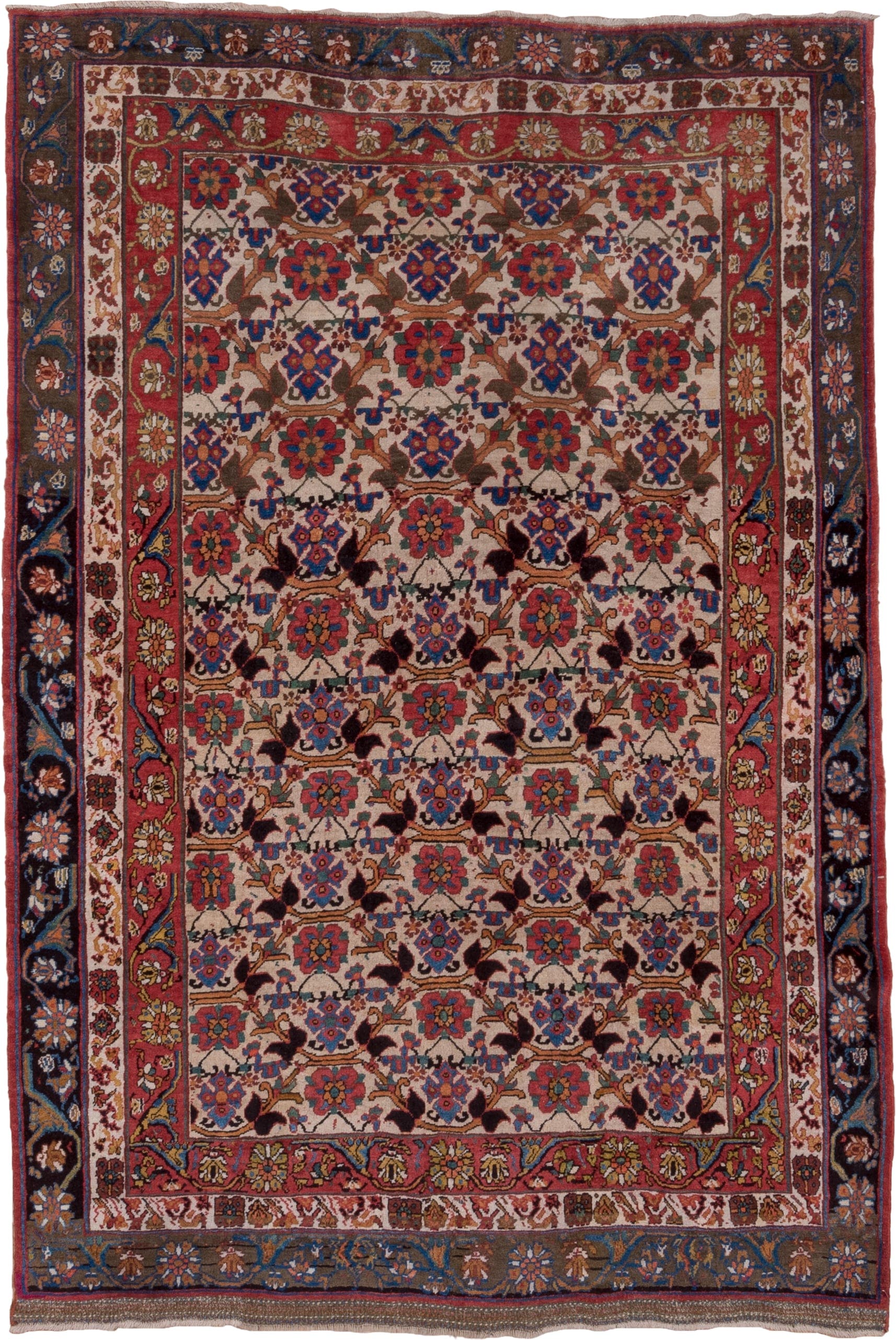 5' x 7' one-of-a-kind handmade antique Bidjar rug. Color palette: ivory, rust, navy, blue, brown, burgundy, camel