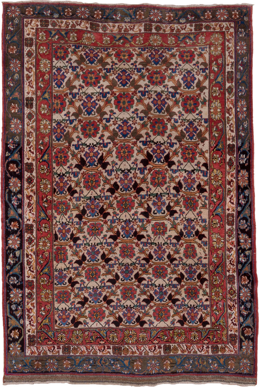5' x 7' one-of-a-kind handmade antique Bidjar rug. Color palette: ivory, rust, navy, blue, brown, burgundy, camel