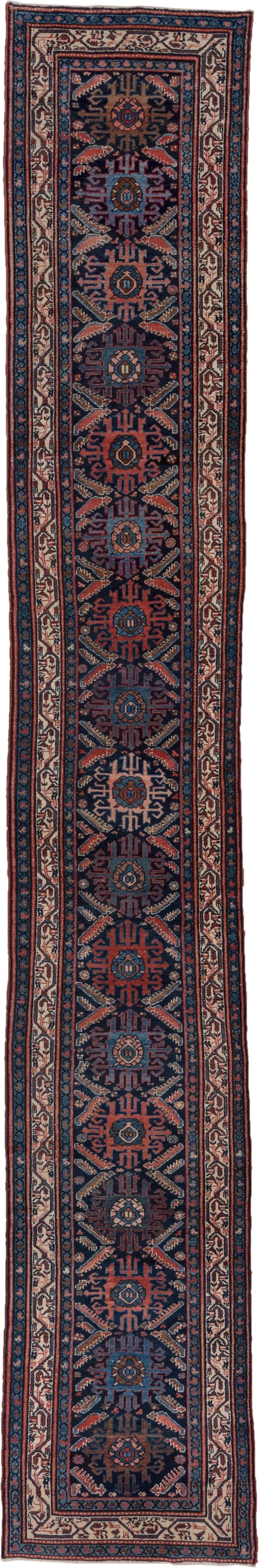 2' x 16' one-of-a-kind handmade antique Malayer runner rug. Color palette: navy, rust, ivory, indigo, camel, slate, blue