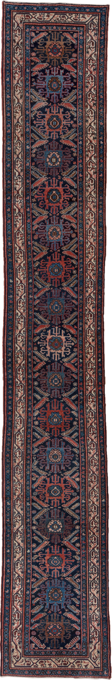 2' x 16' one-of-a-kind handmade antique Malayer runner rug. Color palette: navy, rust, ivory, indigo, camel, slate, blue