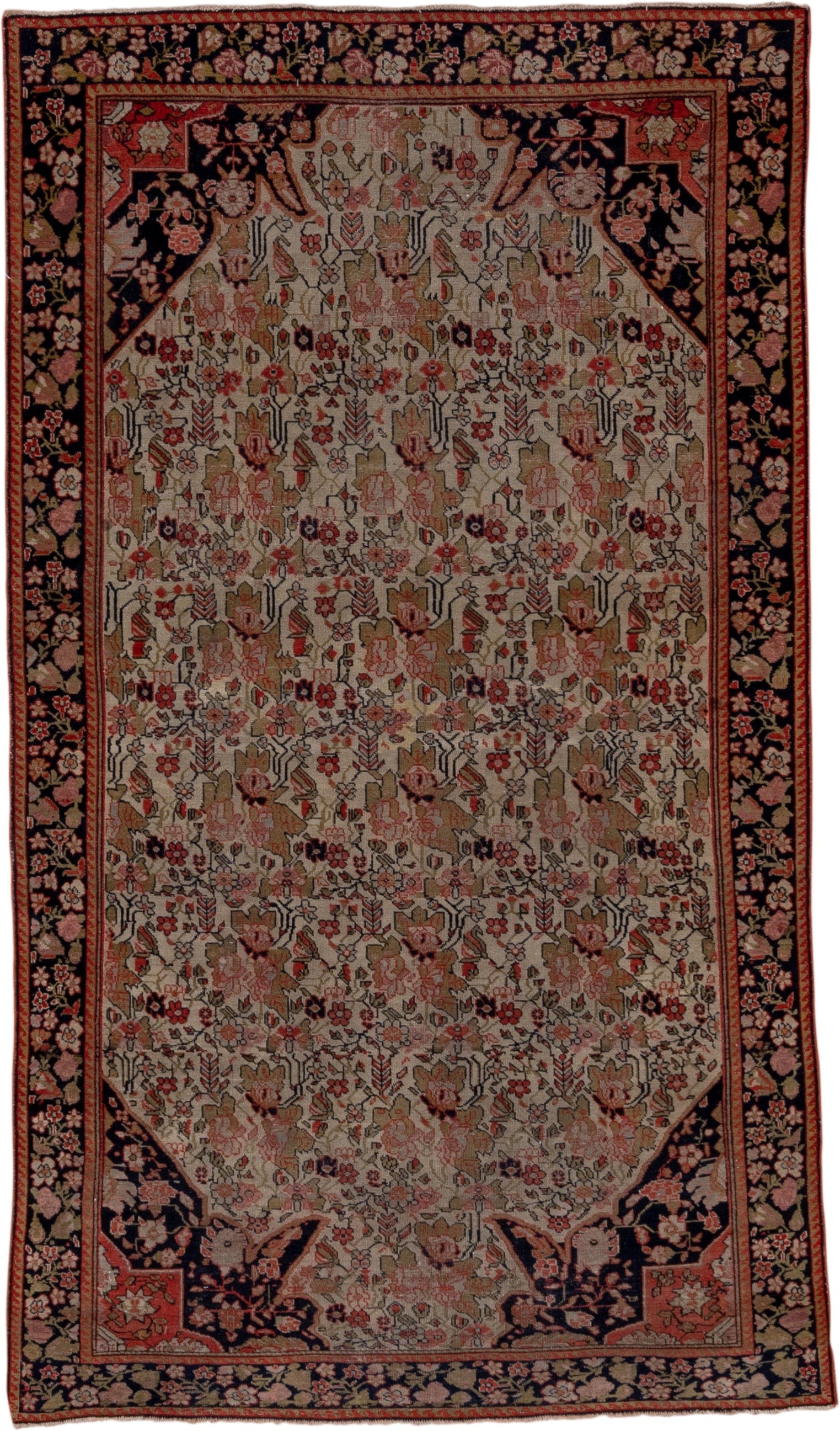 3' x 6' one-of-a-kind handmade vintage Far.Sarouk small size rug. Color palette: ivory, navy, rose, rust, taupe, olive