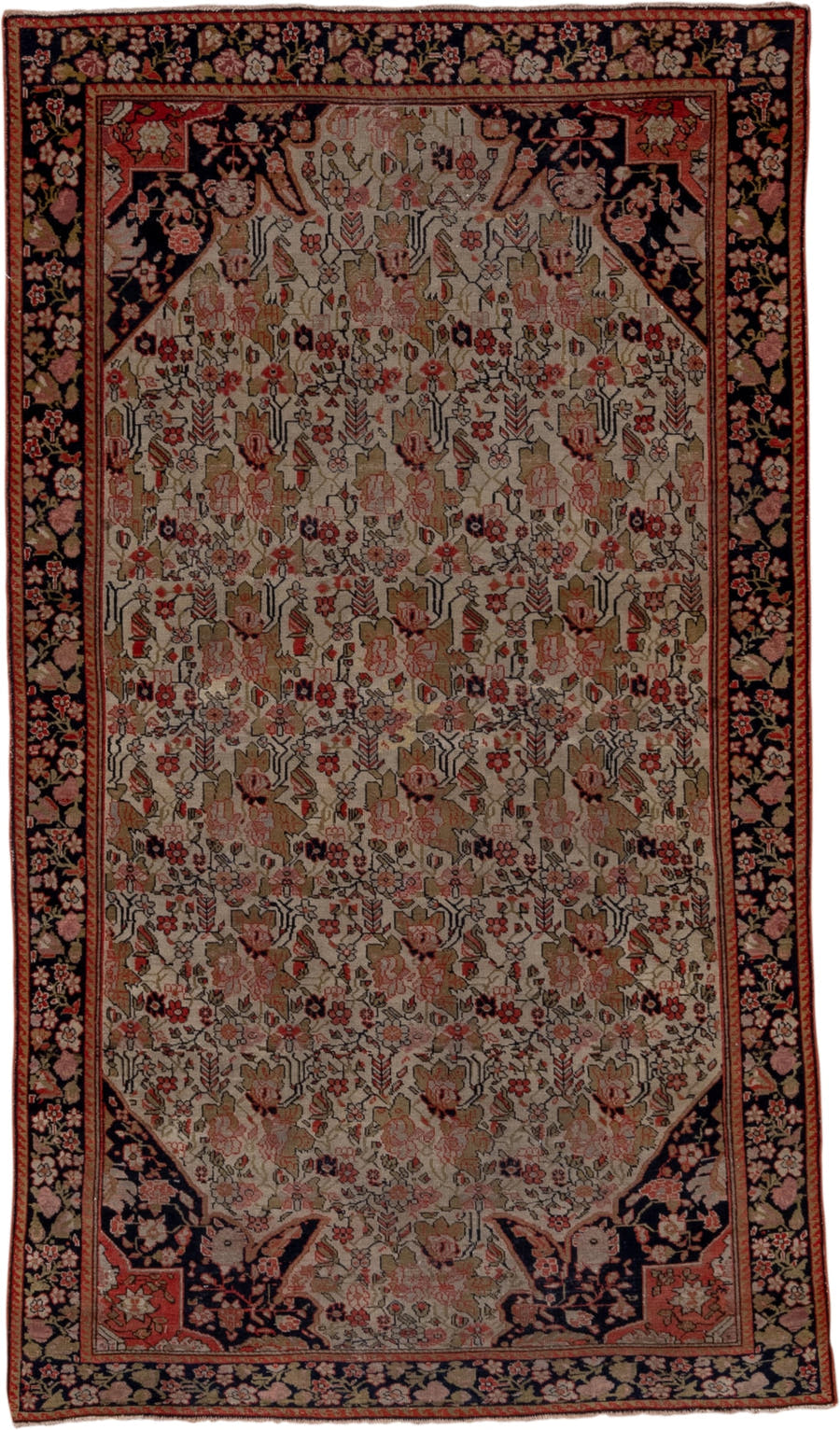 3' x 6' one-of-a-kind handmade vintage Far.Sarouk small size rug. Color palette: ivory, navy, rose, rust, taupe, olive