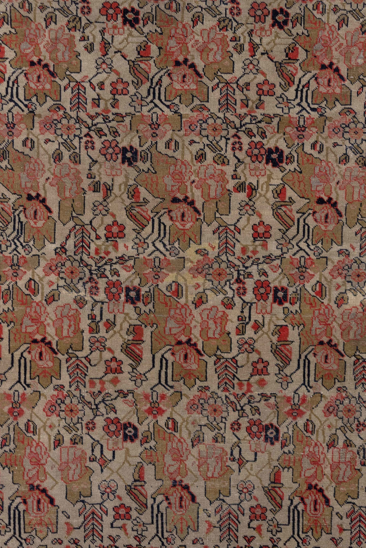 3' x 6' one-of-a-kind handmade vintage Far.Sarouk small size rug. Color palette: ivory, navy, rose, rust, taupe, olive