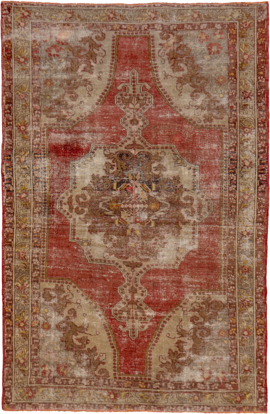 4' x 7' one-of-a-kind handmade vintage Oushak rug. Color palette: terra cotta, ivory, taupe, sage, rust, gold, brown