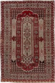 4' x 7' one-of-a-kind handmade vintage Oushak rug. Color palette: ivory, rust, crimson, charcoal, taupe, rose, terracotta