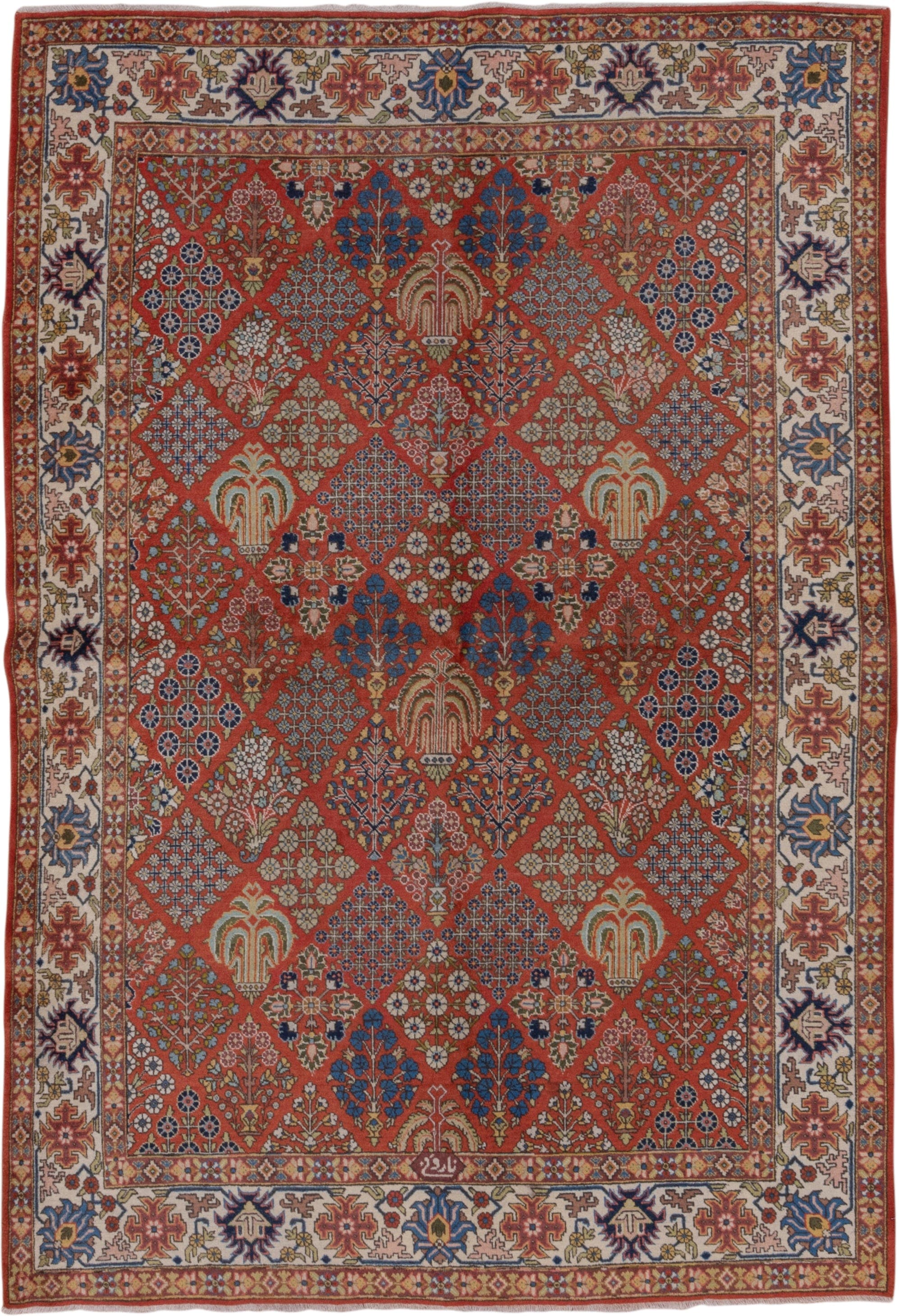 6' x 8' one-of-a-kind handmade antique Tabriz medium size rug. Color palette: rust, ivory, navy, blue, camel, rose, gold