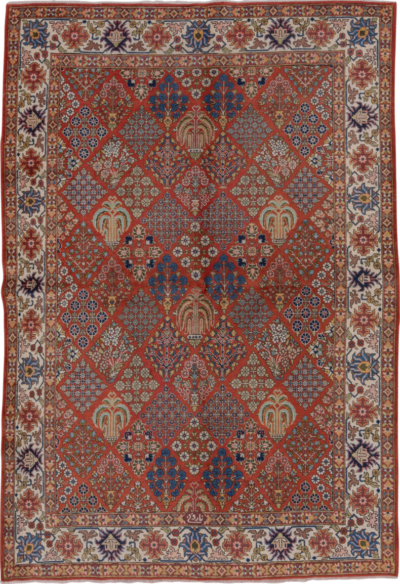 6' x 8' one-of-a-kind handmade vintage Tabriz medium size rug. Color palette: blue, brown, fiord, gray, off-white, pink, red