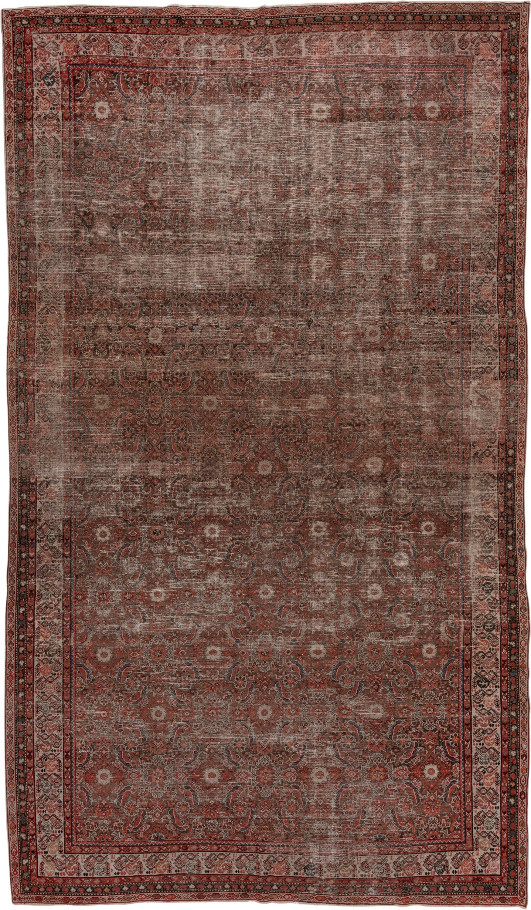 7' x 13' one-of-a-kind handmade vintage Malayer large size rug. Color palette: rust, ivory, charcoal, rose, taupe, burgundy