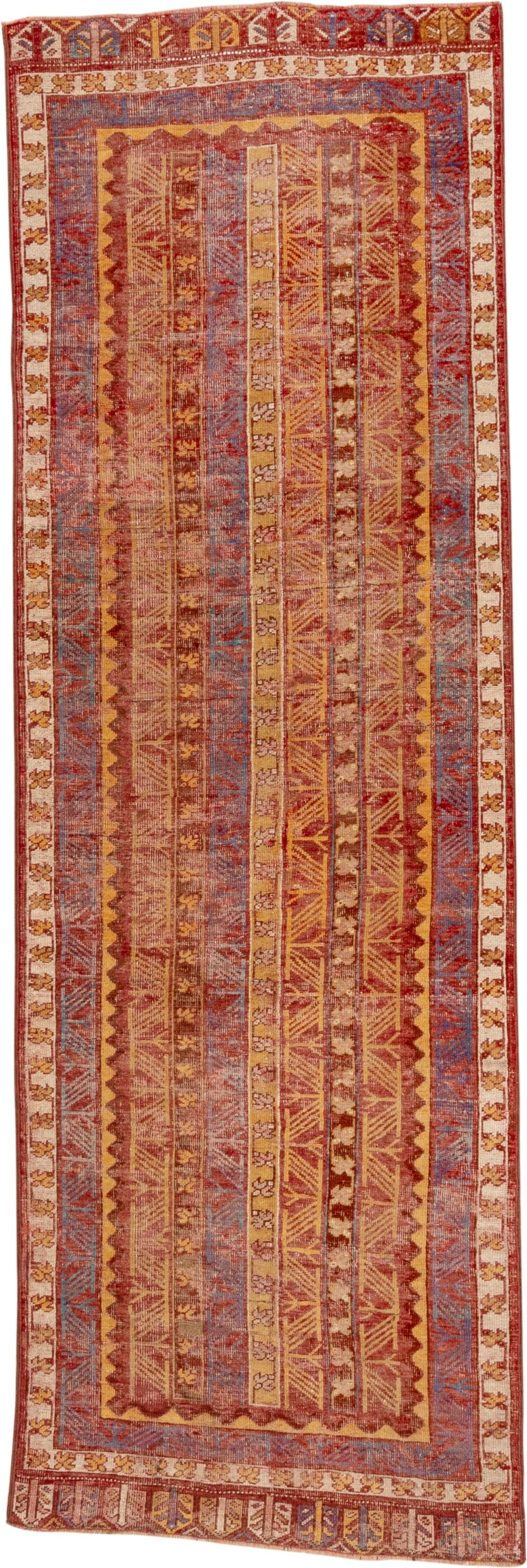 3' x 9' one-of-a-kind handmade vintage Oushak runner rug. Color palette: rust, ivory, blue, gold, terra cotta, camel