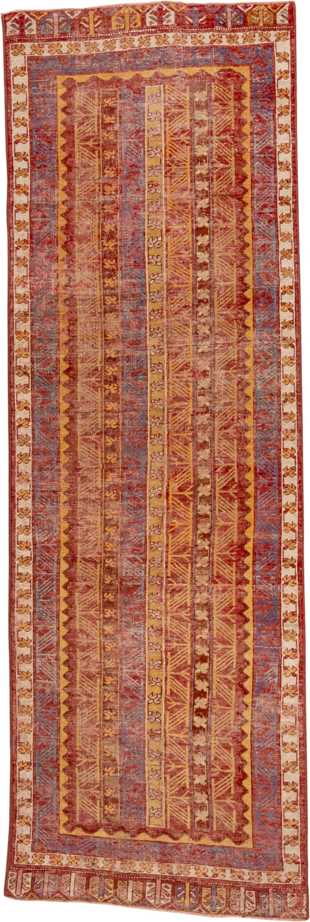 3' x 9' one-of-a-kind handmade vintage Oushak runner rug. Color palette: rust, ivory, blue, gold, terra cotta, camel