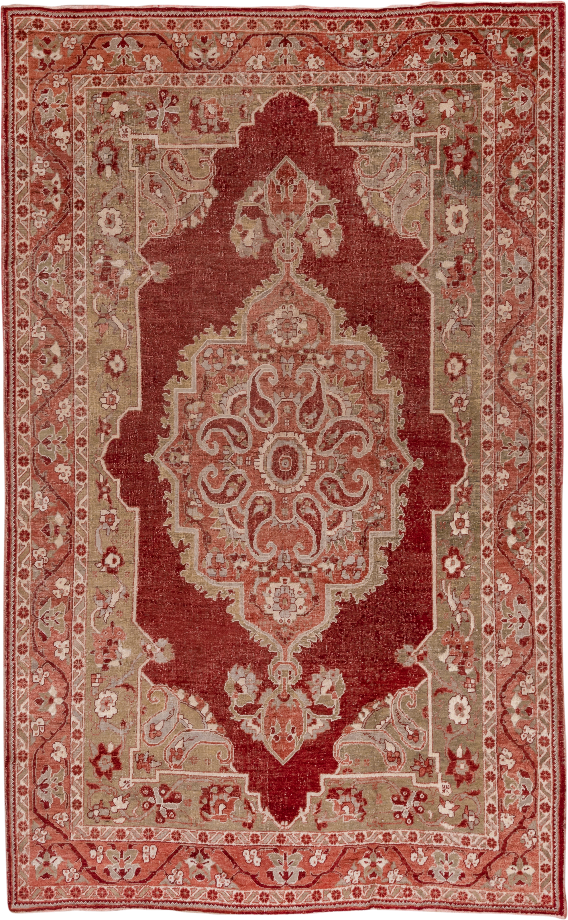 6' x 11' one-of-a-kind handmade vintage Oushak large size rug. Color palette: rust, sage, ivory, terra cotta, rose, beige