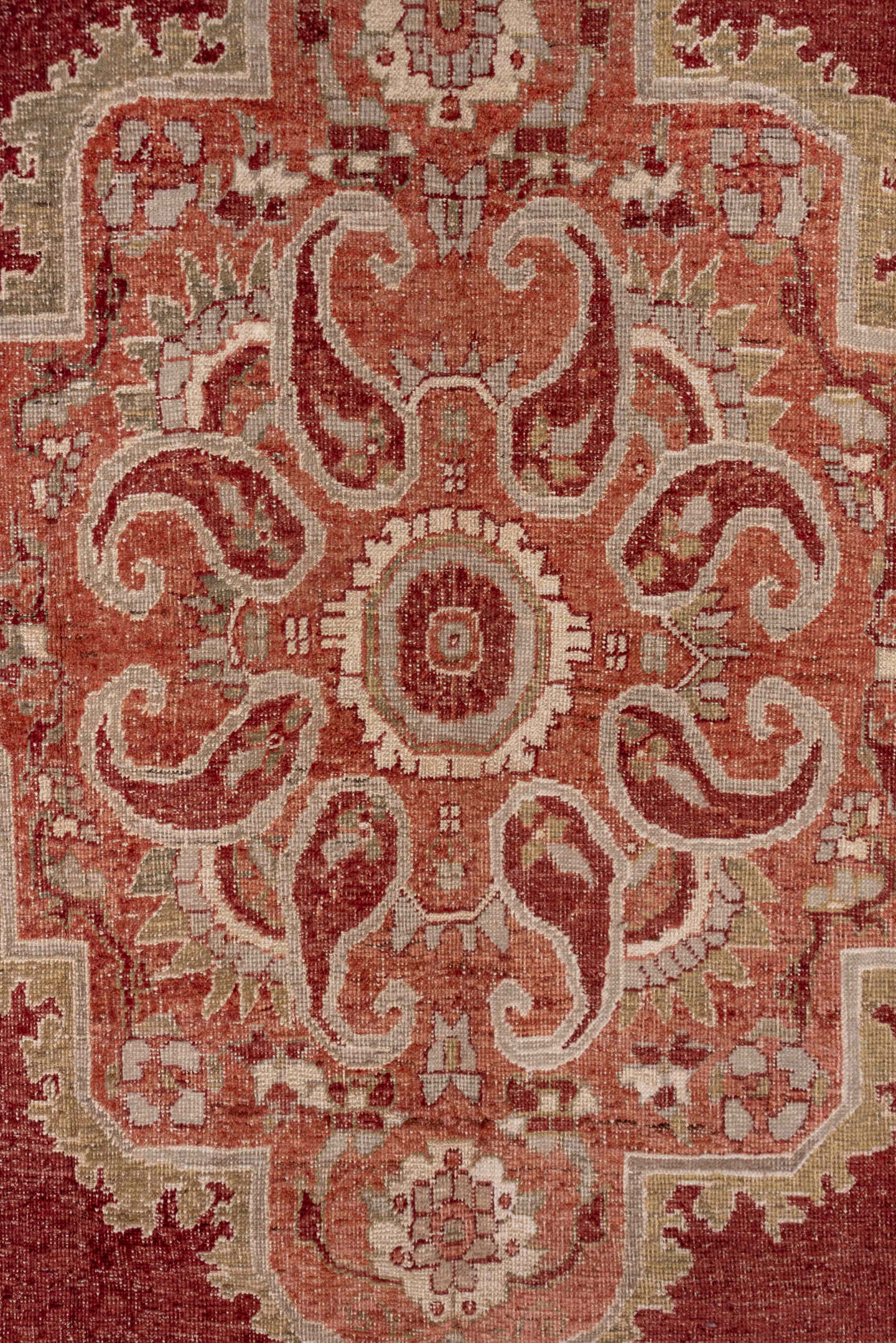 6' x 11' one-of-a-kind handmade vintage Oushak large size rug. Color palette: rust, sage, ivory, terra cotta, rose, beige