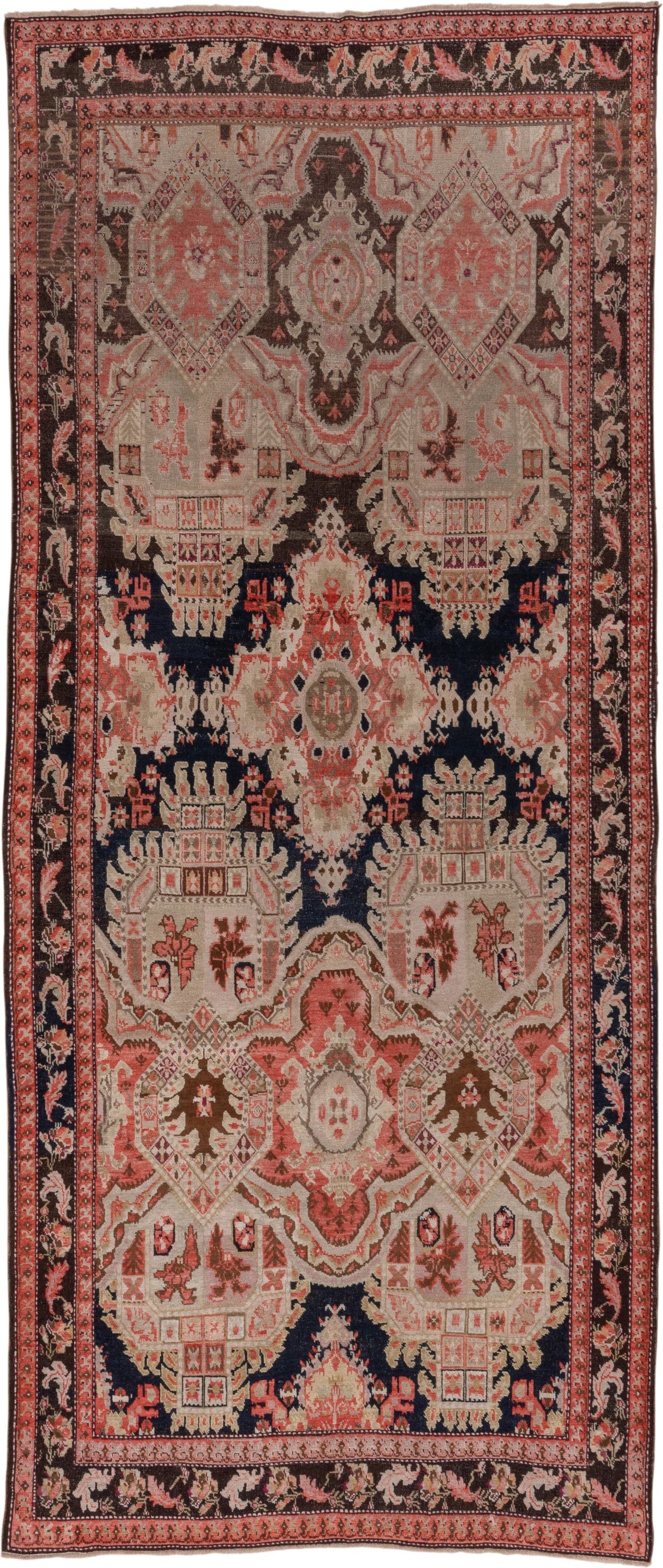 5' x 12' one-of-a-kind handmade antique Karabagh rug. Color palette: ivory, navy, rose, rust, charcoal, taupe, coral, blue