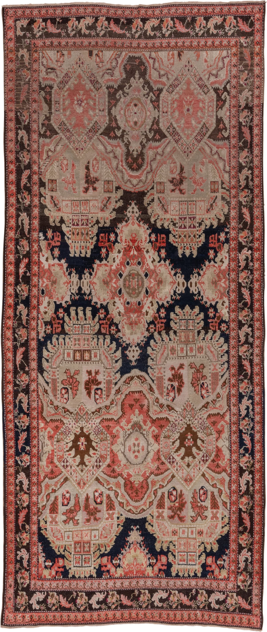 5' x 12' one-of-a-kind handmade antique Karabagh rug. Color palette: ivory, navy, rose, rust, charcoal, taupe, coral, blue