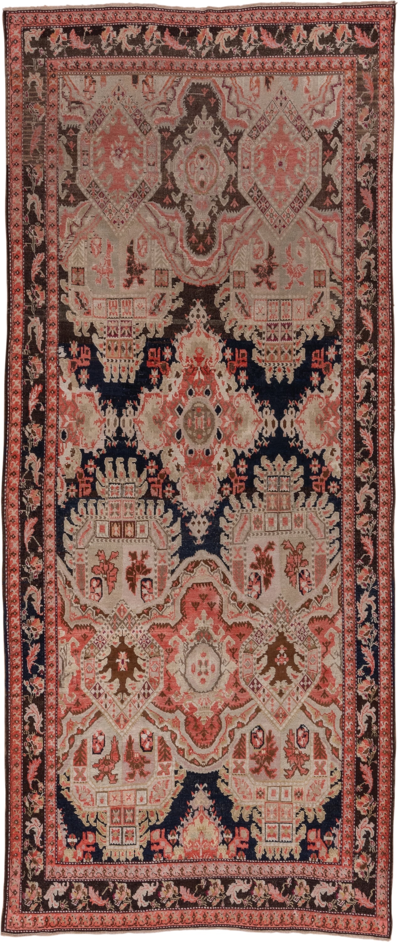 5' x 12' one-of-a-kind handmade antique Karabagh rug. Color palette: ivory, navy, rose, rust, charcoal, taupe, coral, blue