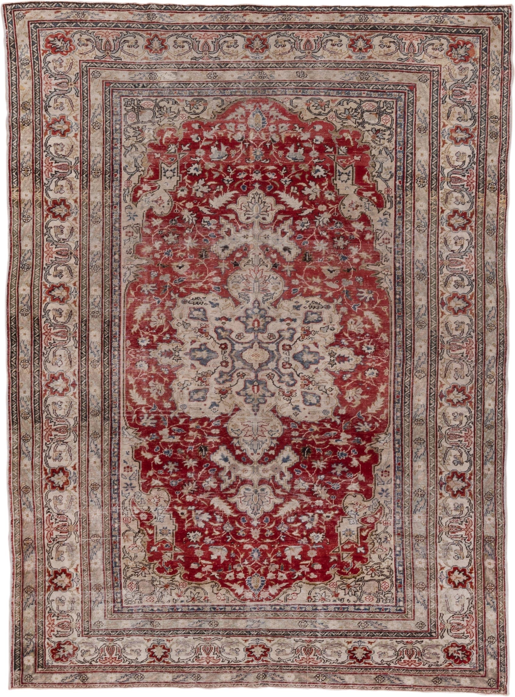 6' x 8' one-of-a-kind handmade vintage Oushak medium size rug. Color palette: red, ivory, beige, blue, taupe, burgundy, gray