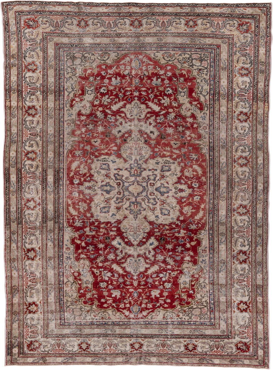 6' x 8' one-of-a-kind handmade vintage Oushak medium size rug. Color palette: red, ivory, beige, blue, taupe, burgundy, gray
