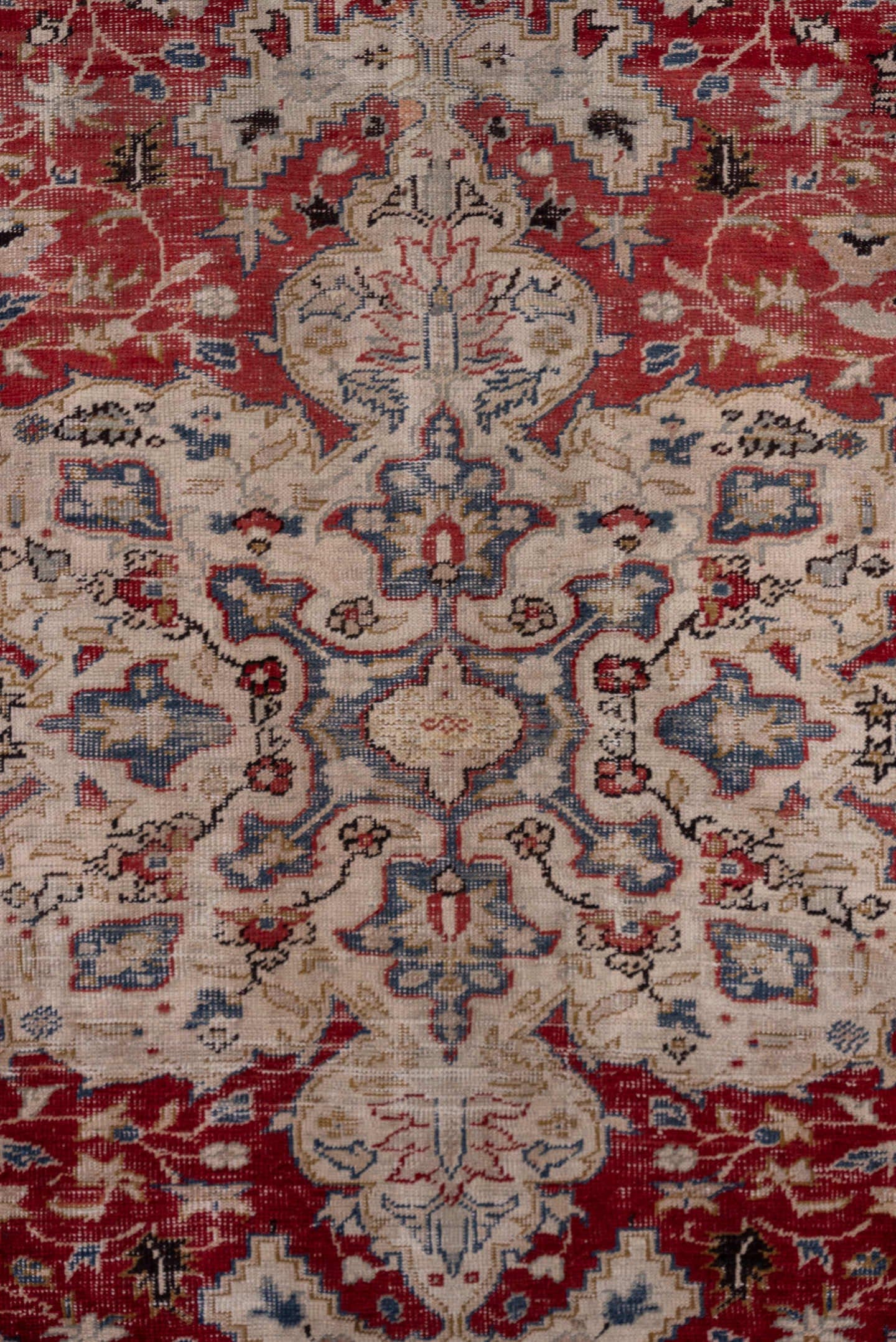 6' x 8' one-of-a-kind handmade vintage Oushak medium size rug. Color palette: red, ivory, beige, blue, taupe, burgundy, gray