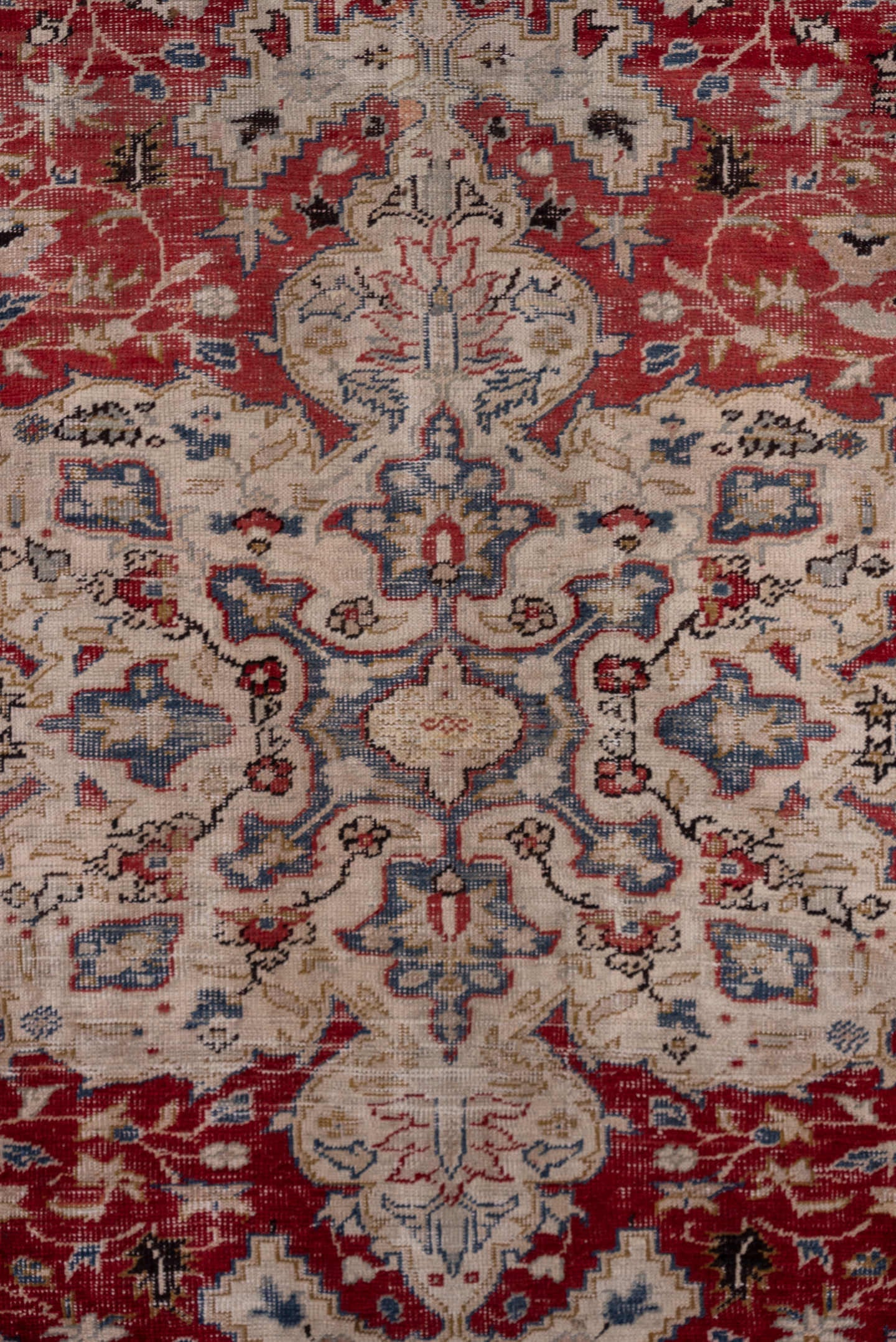 6' x 8' one-of-a-kind handmade vintage Oushak medium size rug. Color palette: red, ivory, beige, blue, taupe, burgundy, gray