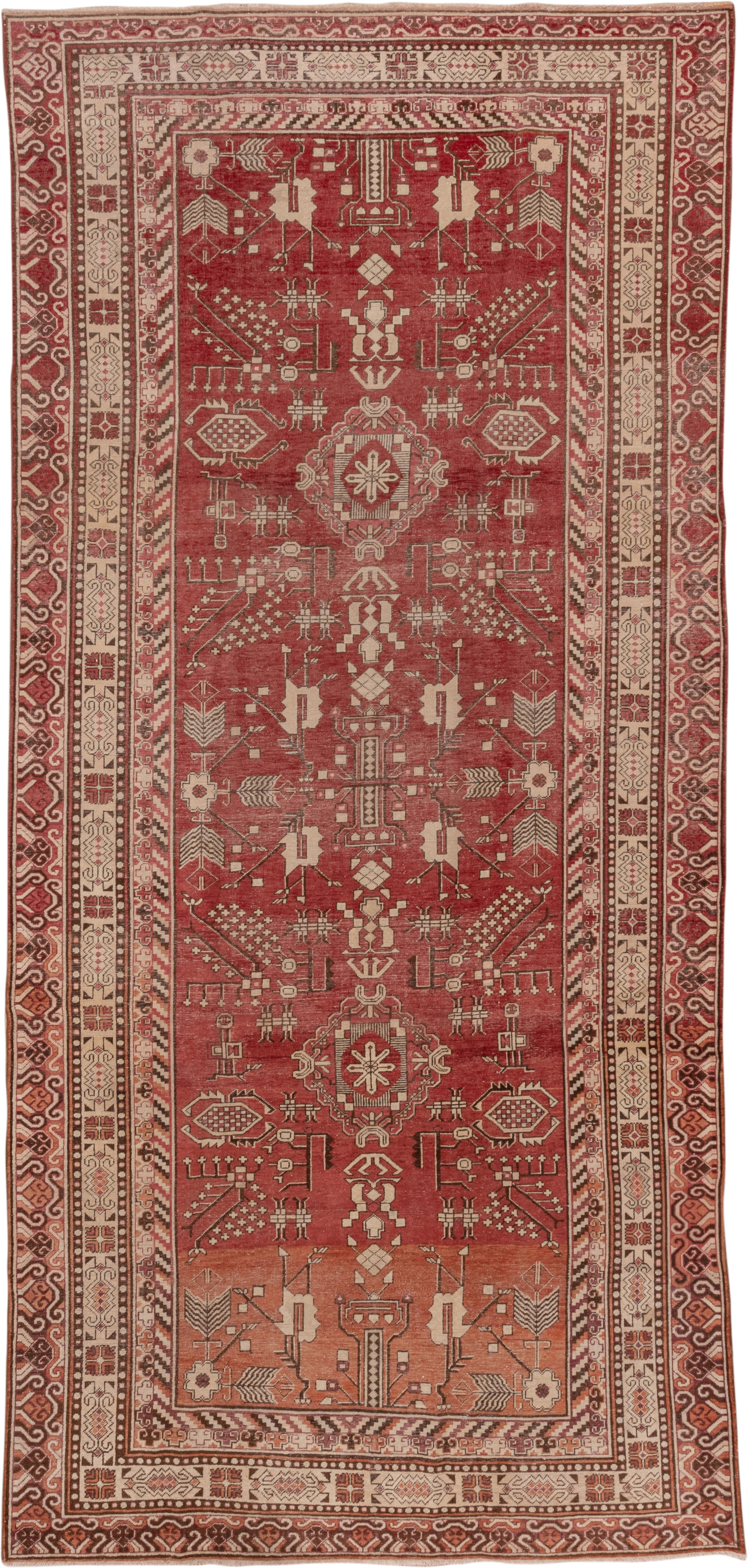 6' x 13' one-of-a-kind handmade vintage Khotan large size rug. Color palette: terra cotta, ivory, rust, camel, sienna, brown